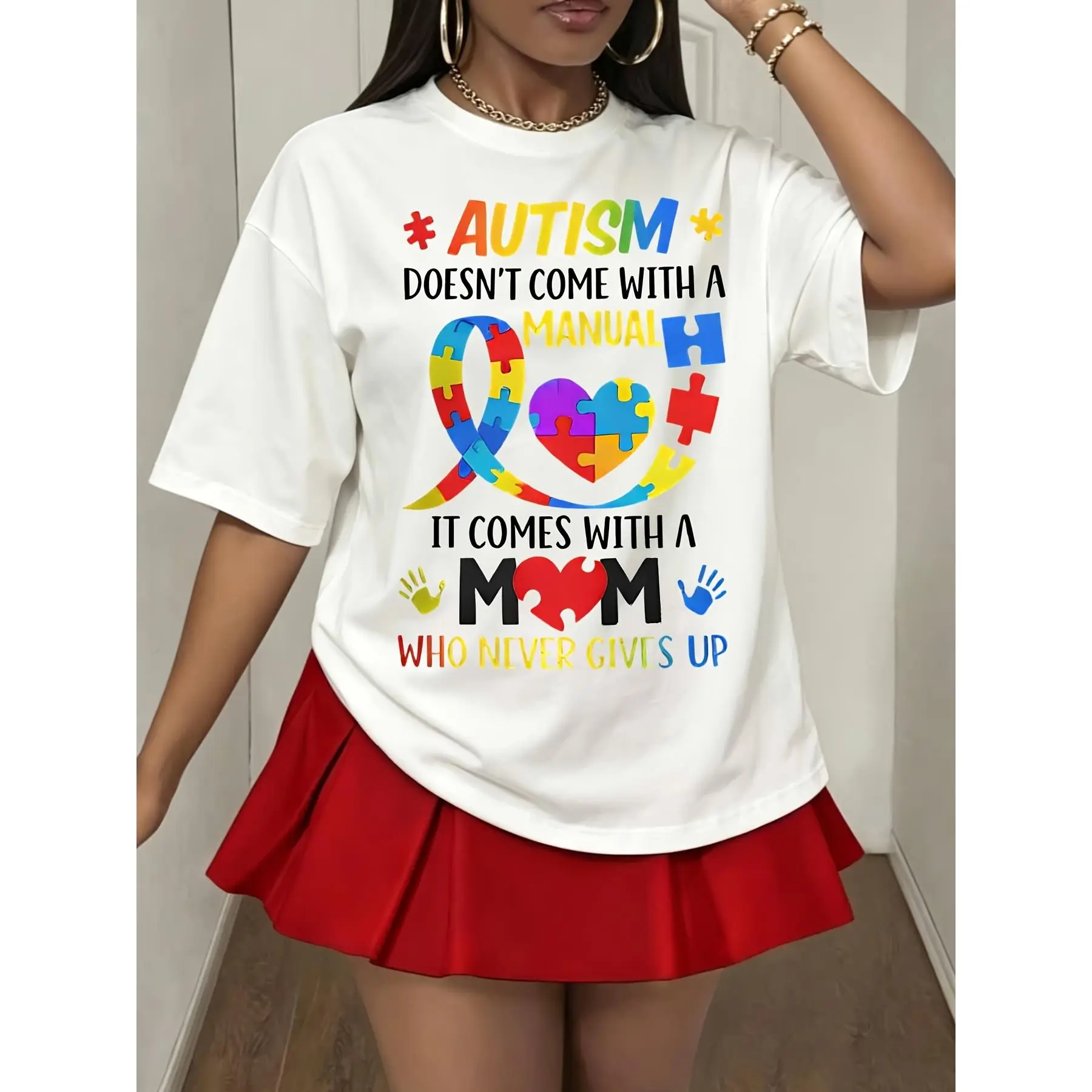 Autism Awareness T-Shirt, Autism Doesn't Come With A Manual It Comes With A Mom Who Never Gives Up Graphic Tee, World Autism Awareness Day Gift, Special Needs Mom Support Apparel, Parenting Journey Casual Wear