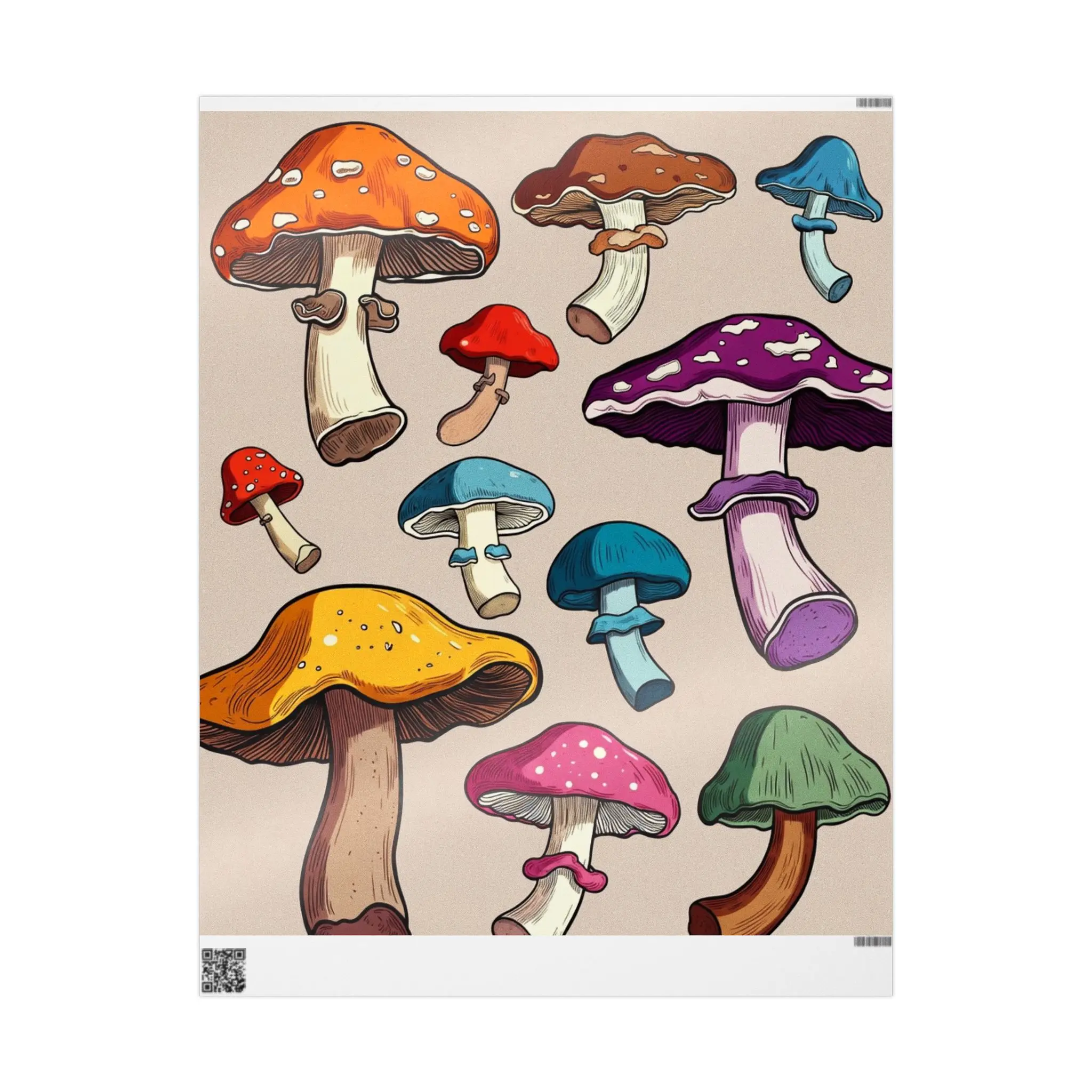 Whimsical Hand-Drawn Mushrooms Wrapping Paper Roll - Heavyweight Artisan Office Stationery Gift Wrapping Supply, 30x180in, for Makers & Plant Lovers, Matte-Glossy Finish Option, Neutral Background, 1-Sided High-Definition Print