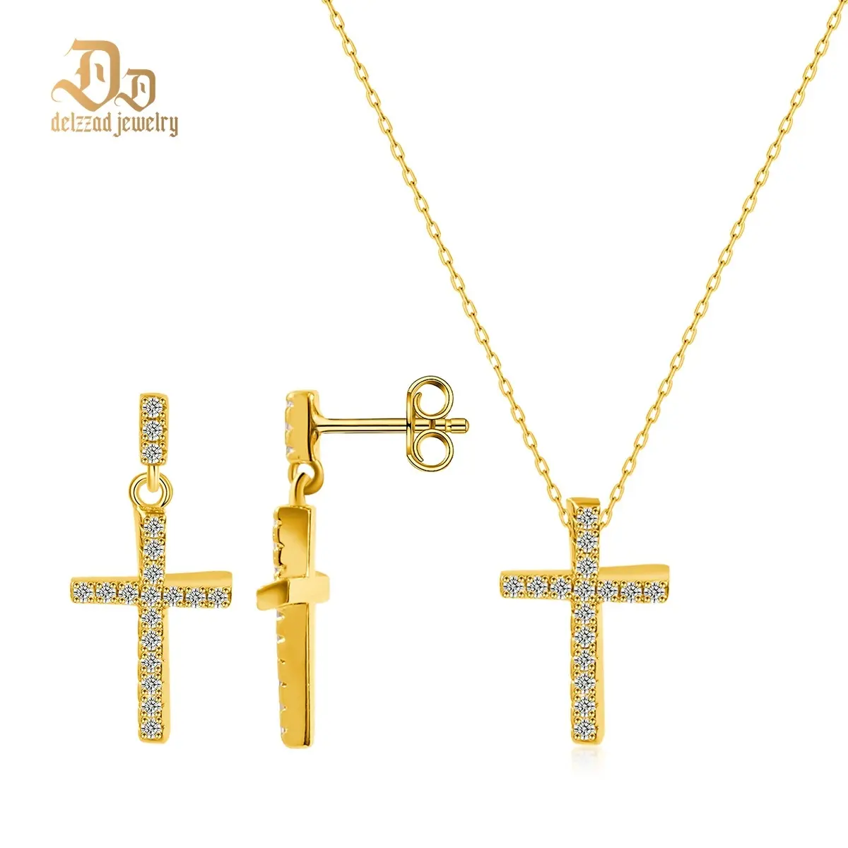 【Sacred Unity Pair‌】Delzzad Golden Cross Dangle Earrings Cross Necklace Phantom Jewelry Set Synthetic Moissanite Necklace Earrings Moissanite Jewelry Set S925 Perfect Birthday Wedding Engagement Anniversary Christmas Gift