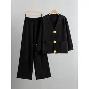 Women's Versatile V-Neck Gold-Toned Button Side Pocket Cardigan & High Waist Wide Leg Trousers Co-ord