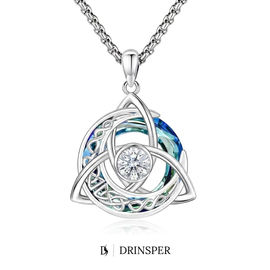 DRINSPER Women's Celtic Birthstone Necklace with Trinity Knot-Triquetra Crescent Moon Pendant, Cubic Zirconia, Austrian Crystal Gems, 12 Birth Month Non-Natural Crystal Jewelry, 22-24in Adjustable Chain, Irish Birthday Gift Ideas, Polish Cloth