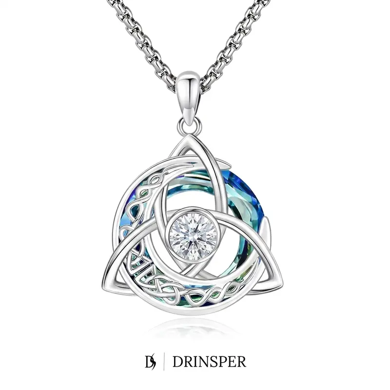 DRINSPER Women's Celtic Birthstone Necklace - Trinity Knot-Triquetra Crescent Moon Pendant, Cubic Zirconia, Austrian Crystal Gems, 12 Birth Month Ethnic Non-Natural Crystal Jewelry for Women, 22-24 in Adjustable Chain, Irish Birthday Gift, Polish Cloth