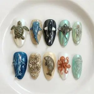 jasonj.nail Ocean Animal 3D Press-On Nails, Turtle Shark Octopus Starfish Detail, Pearl Iridescent Base, Marine Life Theme, Summer Beach Vibes, Handmade Nail Art
