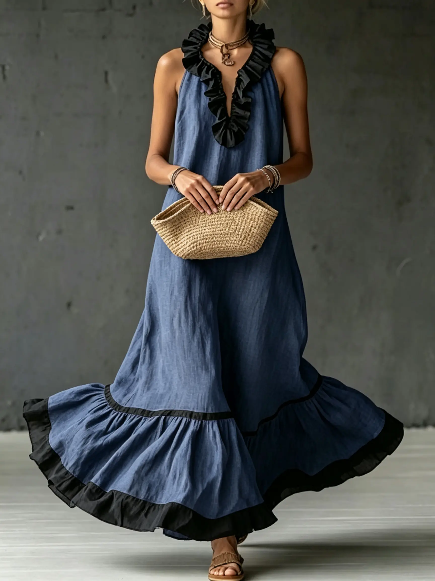 Vintage A-line Linen Maxi Dress with Matte Finish, Sleeveless Halter V-Neck with Black Ruffle Trim for Brunch Dates & Photoshoot Outfits, Deep V Neck, Double Black Contrast Frills, Do Not Bleach, Elegant Flowing Movement, Floor Length, Fully Shows Shoulde