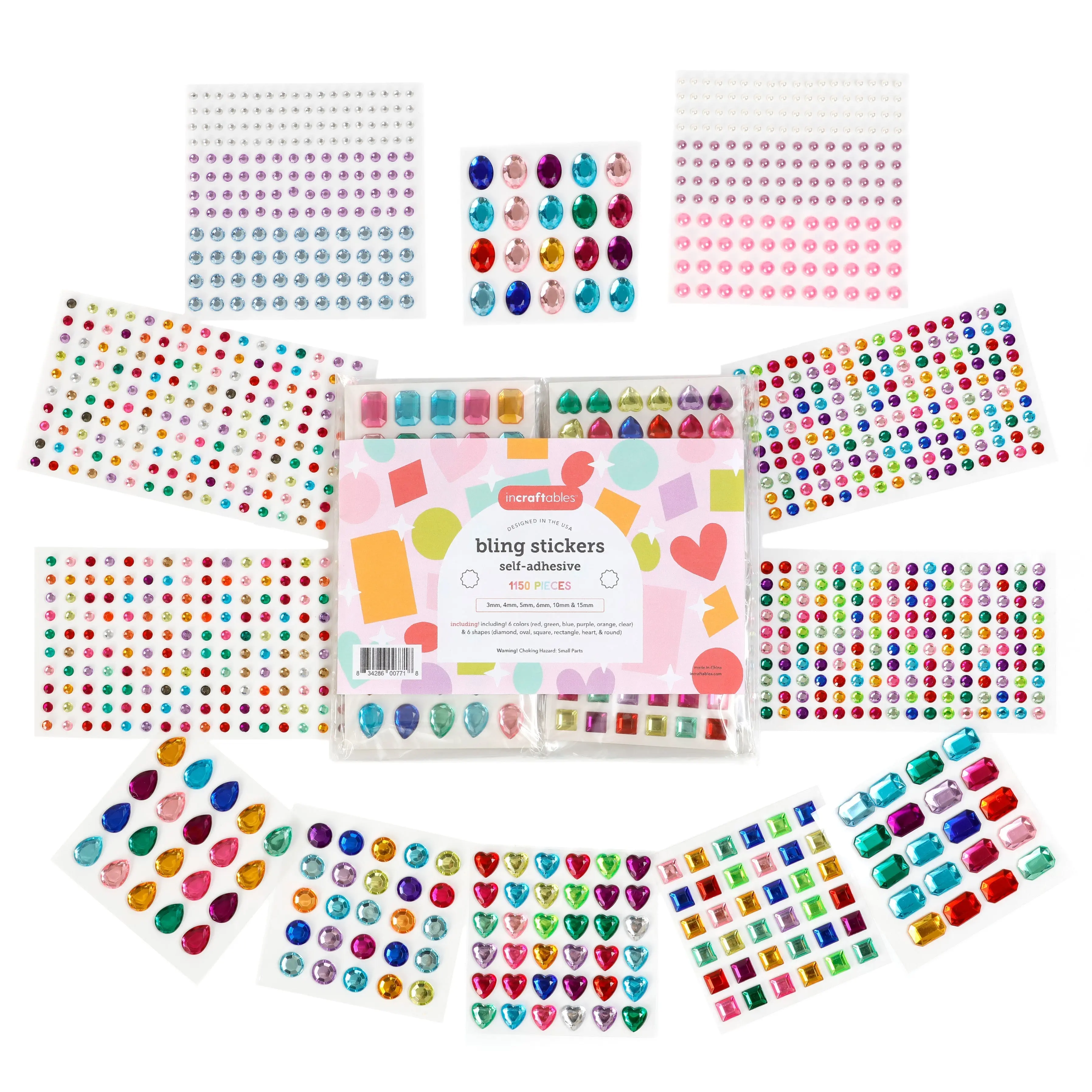 Incraftables Rhinestone Stickers 1150 pcs. Best Self Adhesive Multicolor Sticker Gems for Crafts. (3mm - 15mm) Bling Stick On Gems for Crafts. Assorted Diamond Crystal Jewel Stickers for Kids & Adults