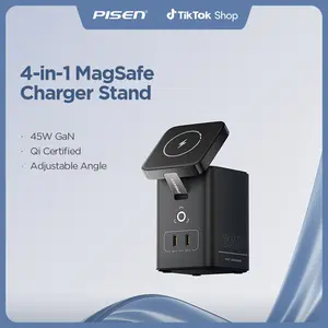 PISEN Mag-Safe 4-in-1 Wireless Charger 45W GaN Charging Station for iPhone Samsung AirPods Qi Certified Compatible with Multiple Devices Smartphone Multi-Function Charger - Cellphone