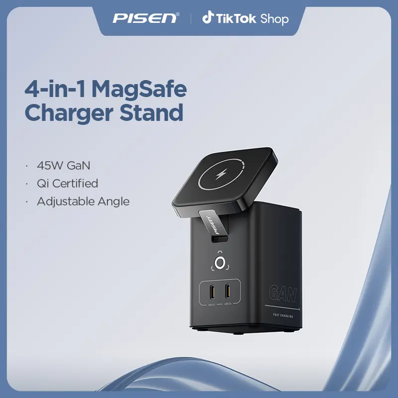 PISEN Mag-Safe 4-in-1 Wireless Charger 45W GaN Charging Station for iPhone Samsung AirPods Qi Certified Compatible with Multiple Devices Smartphone Multi-Function Charger - Cellphone