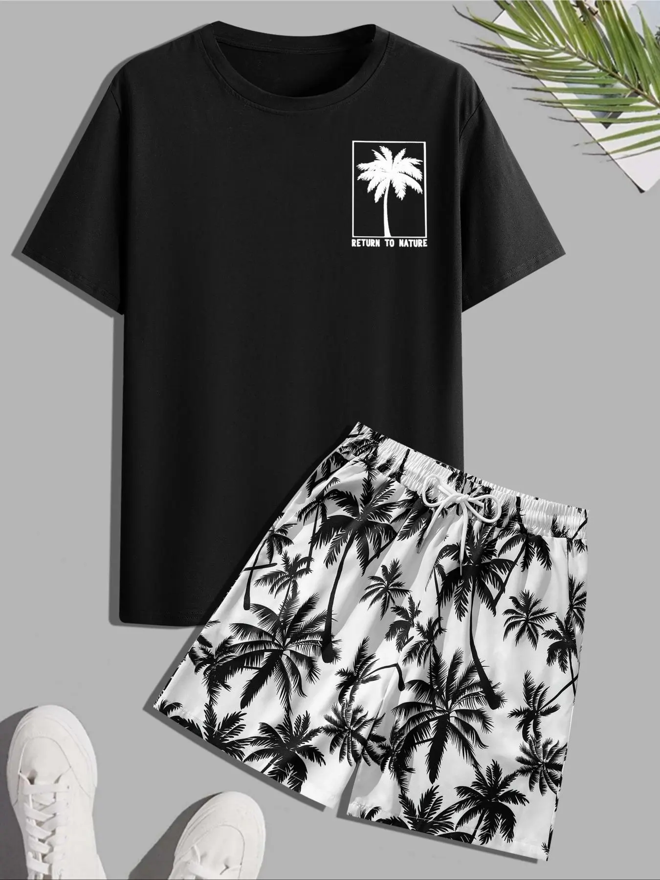 Men's Fashion Tropical Coconut Tree Print Short Sleeve T-Shirt Set, Drawstring Waist Shorts, Casual Fitted Beachwear, 2 Piece