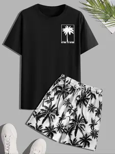 Men's Fashion Tropical Coconut Tree Print Short Sleeve T-Shirt Set, Drawstring Waist Shorts, Casual Fitted Beachwear, 2 Piece
