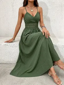 Vacation Style Lace Patchwork Halter V-Neck Backless Long Dress for Women, Statement Elegant Chic Summer Evening Gown, Perfect for Beach & Pool Parties, Elegance Womenswear