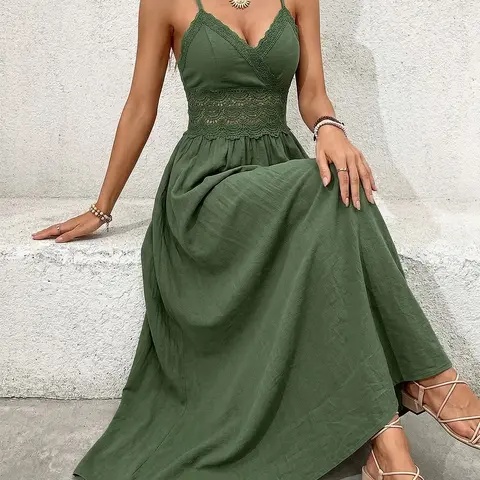 Vacation Style Lace Patchwork Halter V-Neck Backless Sleeveless Long Dress For Women, Elegant Chic Summer Evening Gown, Perfect For Beach & Pool Parties, Elegance