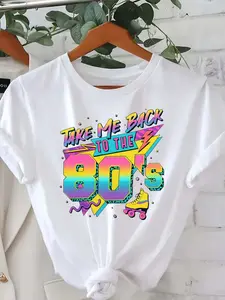 Women's Vintage 80s Pattern T-Shirt| Neon lights take me back to 80s design, short-sleeved round-neck casual top, soft retro colors, suitable for 80s themed parties and everyday wear