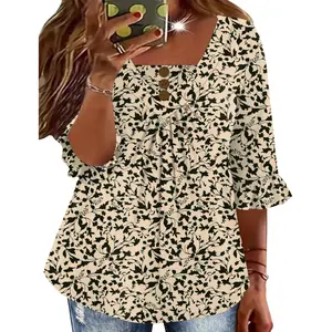 Womens Plus Size 3/4 Ruffle Sleeve Tunic Tops V Neck Pleated Dressy Casual Shirts Floral Print Blouses (1XL-5XL) 2026