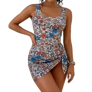 2026 New Style Swimsuit Vintage Floral Ruched One-Piece with Skirt Flattering Side Drawstring Bathing Suit for Women Beach Vacation Essential，bathing suits 2026