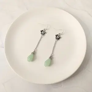 #238 Lotus Flower Dangle with Green Stone Earrings, Daily, Casual, Alloy, Everyday Jewelry