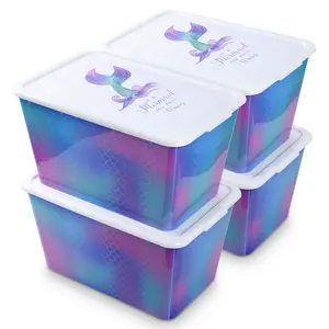 4-Packs 58-QT Plastic Storage Bins with Rainbow Mermaid Print Lids, Stackable Storage Container, Large Storage Totes for Organizing, Made in the USA