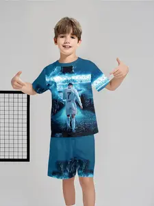 Cristiano Ronaldo Football No.7 Boys' Two-Piece Children's Set, Short Sleeve and Shorts Set, 100% Polyester Casual Loose Fit Set, Summer Fun Printed Pattern, Outdoor Sports T-Shirt Set, Perfect Gift for Boys, Sporty Set