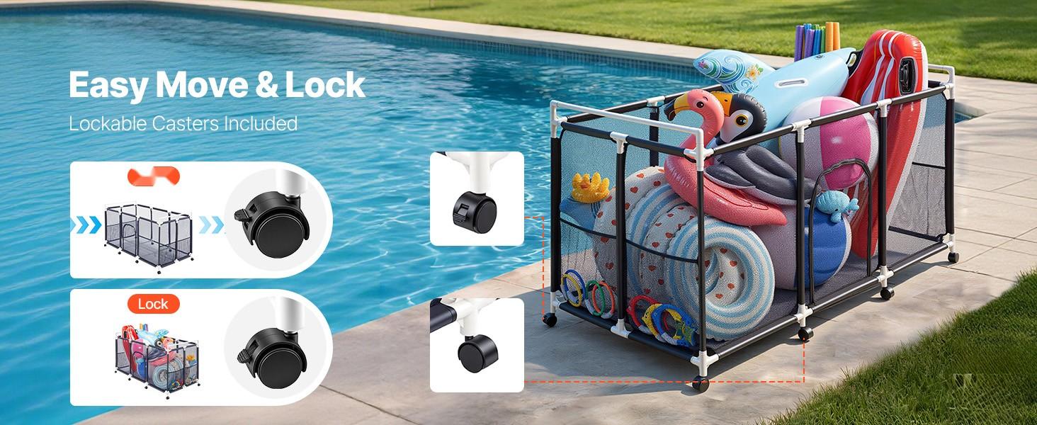 Pool Storage Bin And Rolling Organizer For Pools, 62.6 X 32 X 36 Inches, Durable Plastic Frame With Side Pockets, Casters, Mesh Basket For Pool Toys, Noodles, Floats, And Accessories