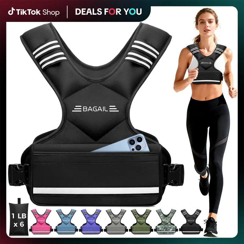【BackToSchool】BAGAIL Adjustable Weighted Vest, 4-10lb/12-18lb/20-32lb Rucking Vest for Women & Men with 6 Weights & Large Pocket, Weight Vest for Home Workouts, Running, Walking and Strength Training Outdoorfun