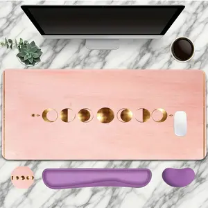 4PC Pink Gold Moon Pattern Mouse Pad With Wrist Support Set, For Women Large Gaming Mouse Pads Desk Mat, 2D HD Print Non-Slip Rubber Base, Size XXL Keyboard Pad Mouse Mat Suitable Office And Home, Mouse Pad For Desk, Cute Mouse Pad
