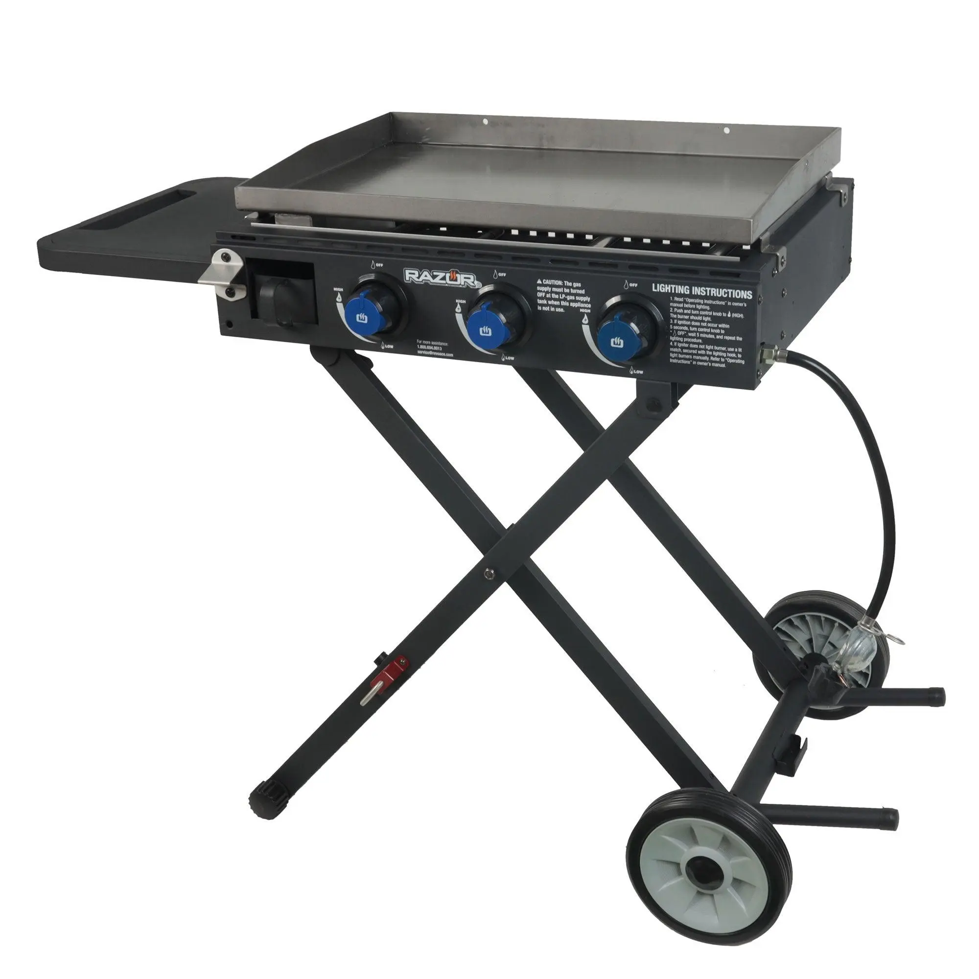 Razor Griddle Portable 3 Burner 30,000 BTU  Square Gas Grill & Griddle Cart w/Side Shelf for BBQ