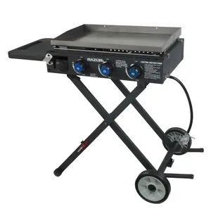 Razor Griddle Portable 3 Burner 30,000 BTU  Square Gas Grill & Griddle Cart w/Side Shelf for BBQ