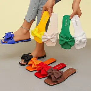Women's Fashion Bow Slippers Elegant Plain-Coloured Flat Slippers Comfortable Low-Heeled Slides