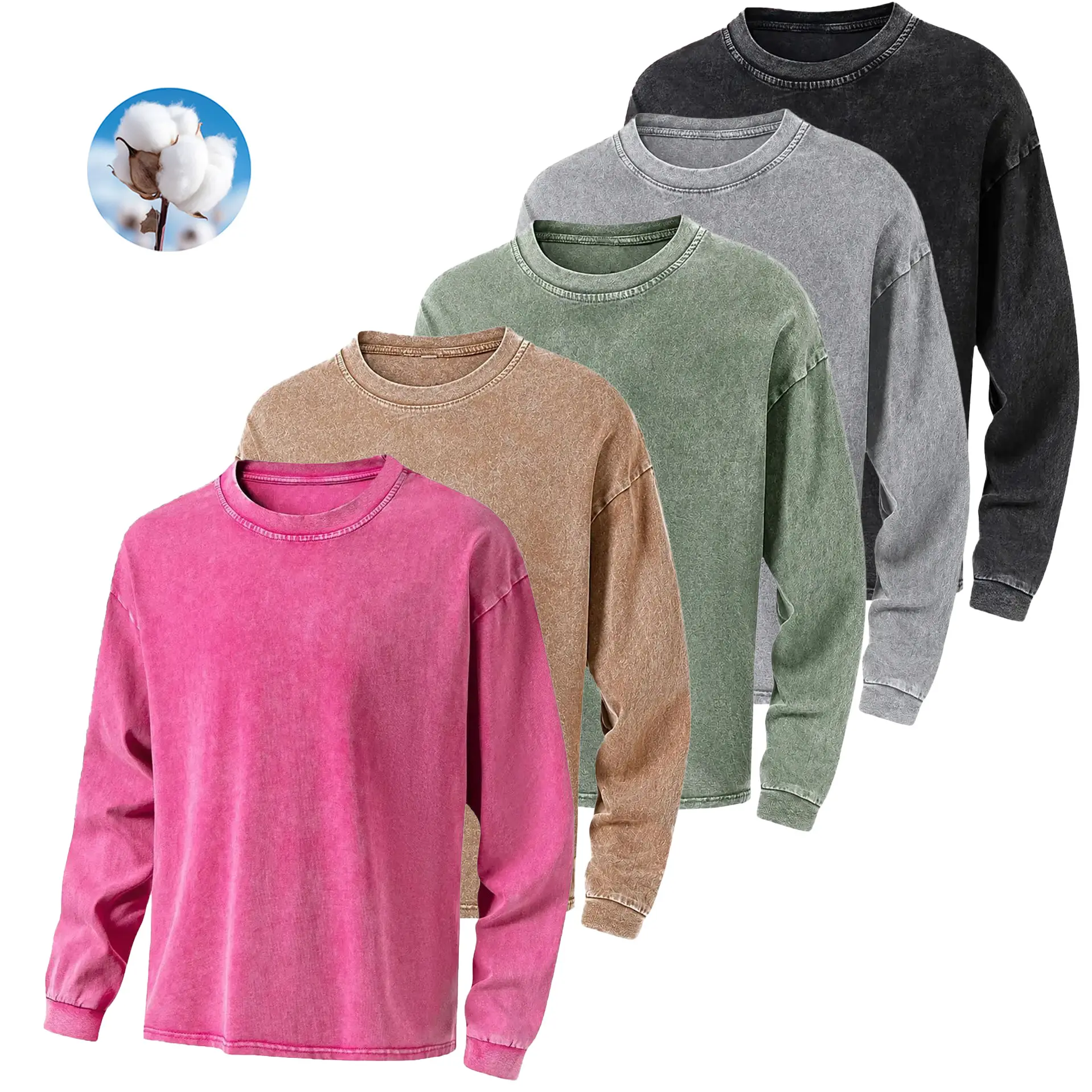 4-pack men’s acid-wash, washed pure cotton casual athletic long-sleeve T-shirts with a small crew neck design; unisex—ideal gift for husband or wife; loose fit, suitable for all seasons. tshirts unisex gym vintage  Oversized wrinkle-resistant fabric