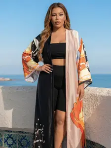 Plus Size Boho Kimono Cardigan, Floral Tropical Print Maxi Robe, Beach Cover Up for Vacation, Stylish and Comfortable Outerwear, Swimsuit Cover Up