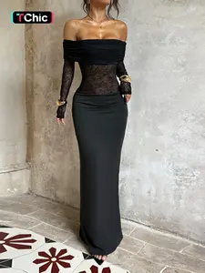One Shoulder Lace Patchwork Slit Long Dress, Elegant Evening Gown, Stylish Party Wear, Women's Fashionable Clothing