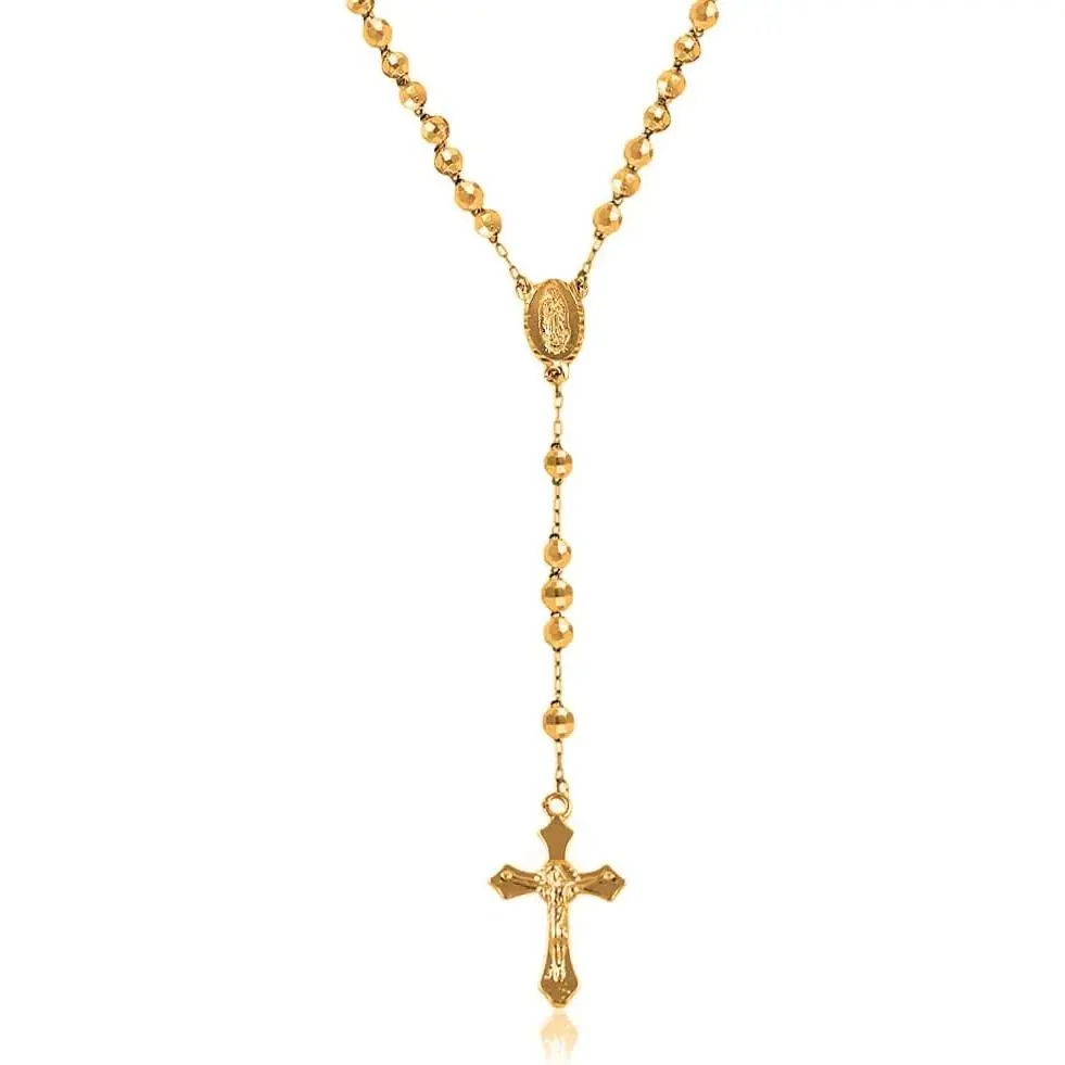 14K Gold Plated Beaded Rosary Cross Necklace – 6.5MM Crucifix Cross Medallion Rosary Chain Y-Necklace for Women & Men Religious Jewelry Comes in Gold, Gold-Rose-Silver with a Gift Box