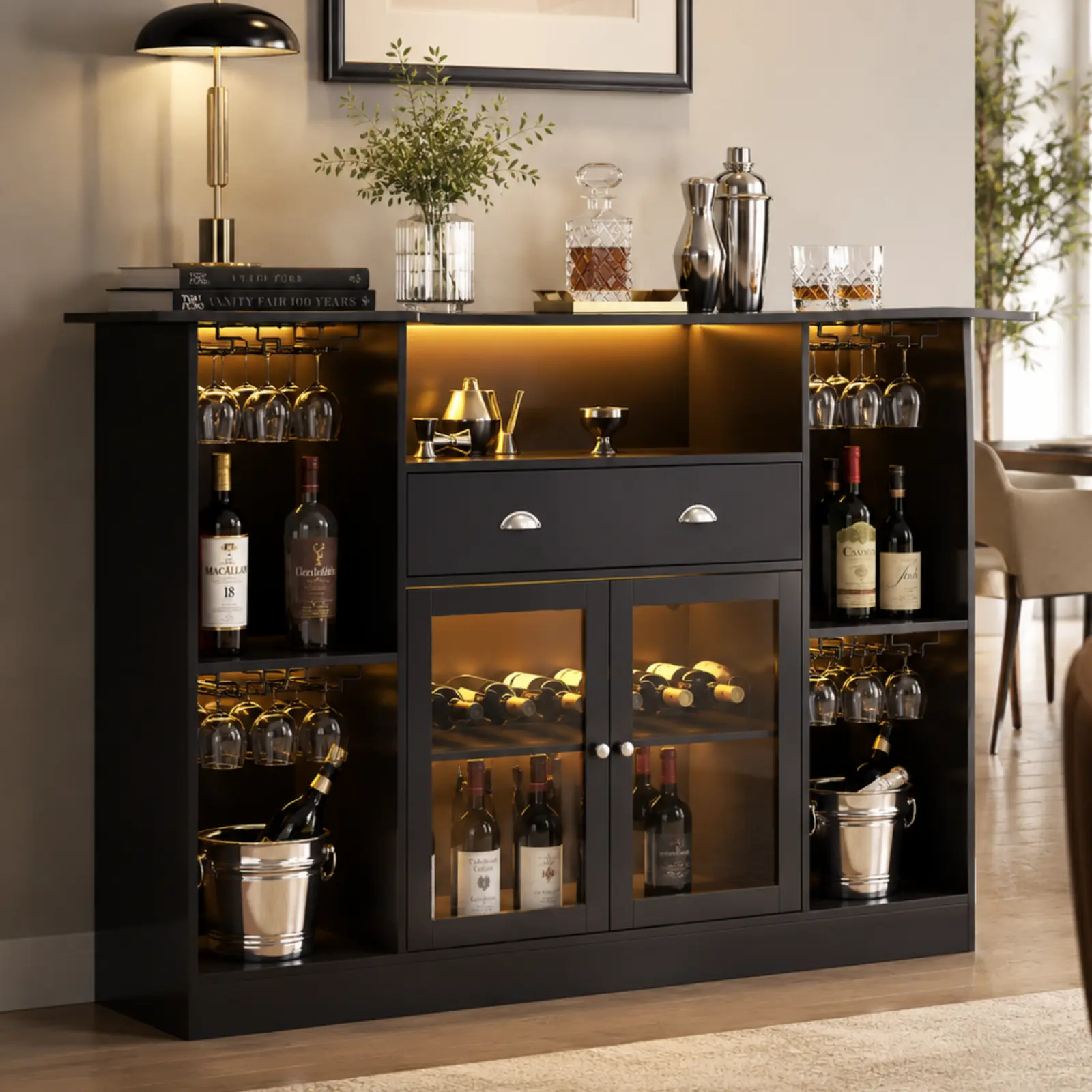 Loomie Black Bar Table with Drawer, Wine Liquor Bar Cabinet with 8-Tier Storage, Glass Door, Wine Rack and Wine Glass Holder, Alcohol Mini Bar Stand for Home Pub