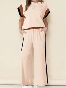 Color Block Detail Casual Two-piece Set for Women, High Waist Wide Leg Pants Loungewear with Pockets