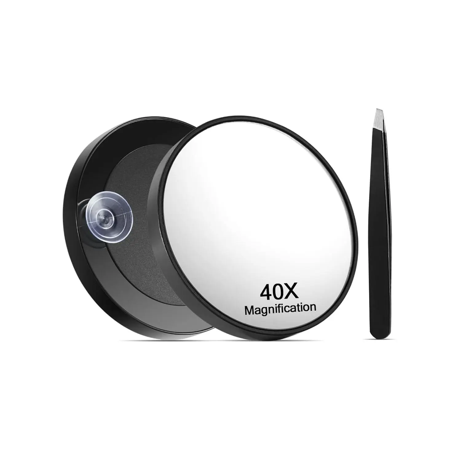 Black 40X Magnifying Makeup Mirror - 3.5 in, Suction Cups, Tweezers Set, 1 Count Bathroom Gadget for Home & Bathroom Supplies