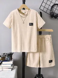 Two-Piece Set Boy's Letter Patched Short Sleeve Tee & Elastic Waist Shorts, Casual Round Neck T-shirt & Shorts for Summer, Kids Clothes for Daily Wear Clothing Sets