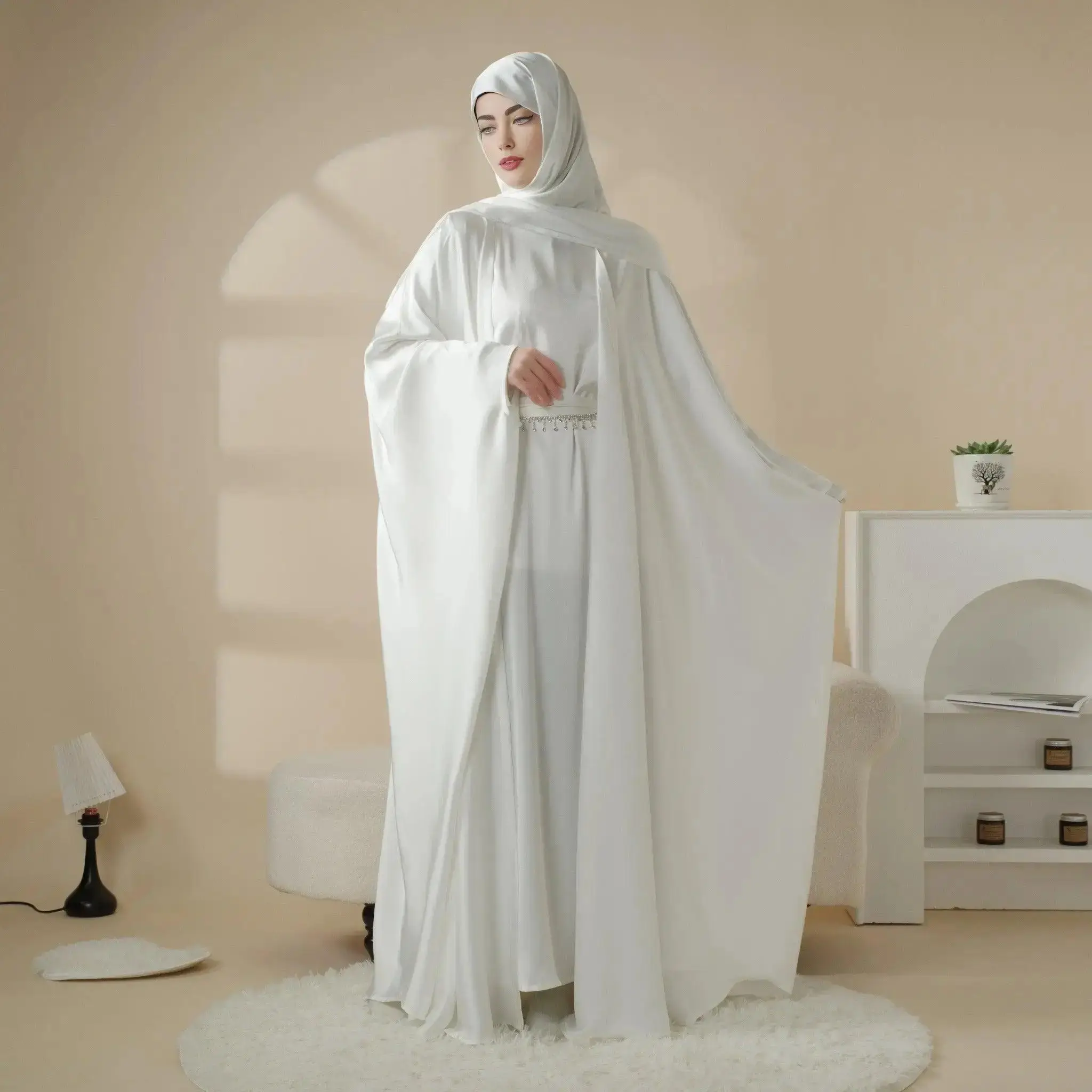 Islamic Modesty Muslim Women (MOA019 ) Traditional Comfortable Elegant Wearable Loose Full Cover Satin Abaya Clothing Set 5-piece with Niqab& hijab