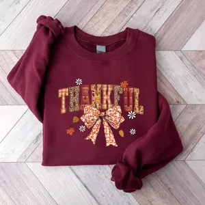 Thankful Sweatshirt, Fall Leopard Bow Thanksgiving Sweater, Cute Autumn Graphic Pullover, Cozy Grateful Fall Outfit