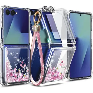 for Samsung Galaxy-Z-Flip-7 Case, Rose Gold | Glitter Liquid Sparkle Cute Cover for Women Girls | with Tempered Glass Screen Protector & Camera Lens Protector & Diamond Wrist Strap
