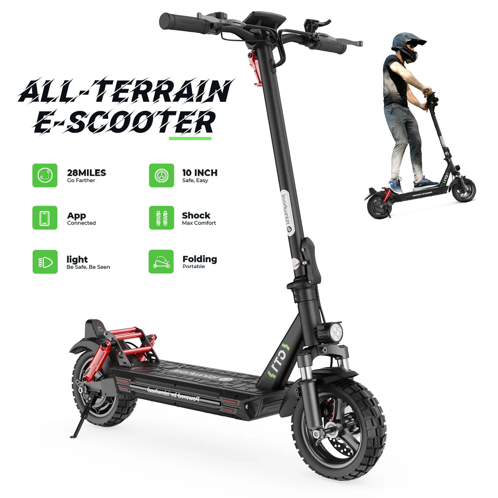ET1 Foldable Motorized High Performance Electric Scooter for Adults, 28MPH Top Speed, 28Miles Range, 800W Motor, 330LBS Load, Off-Road Model with Turn Signal for Hiking/Light Outdoor & Scooter Lifestyle, Foldable Scooter