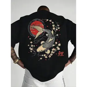 Men's Koi Fish & Letter Print Short Sleeve Graphic Tee, Regular Fit Round Neck Casual Street Style T-Shirt, Summer Tropical Daily Wear Top