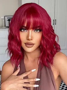 14 Inch Short Curly Red Wigs for Women, Gorgeous Fluffy Wigs with Blunt Bangs, Synthetic Full Machine Wigs for Party, Daily Use