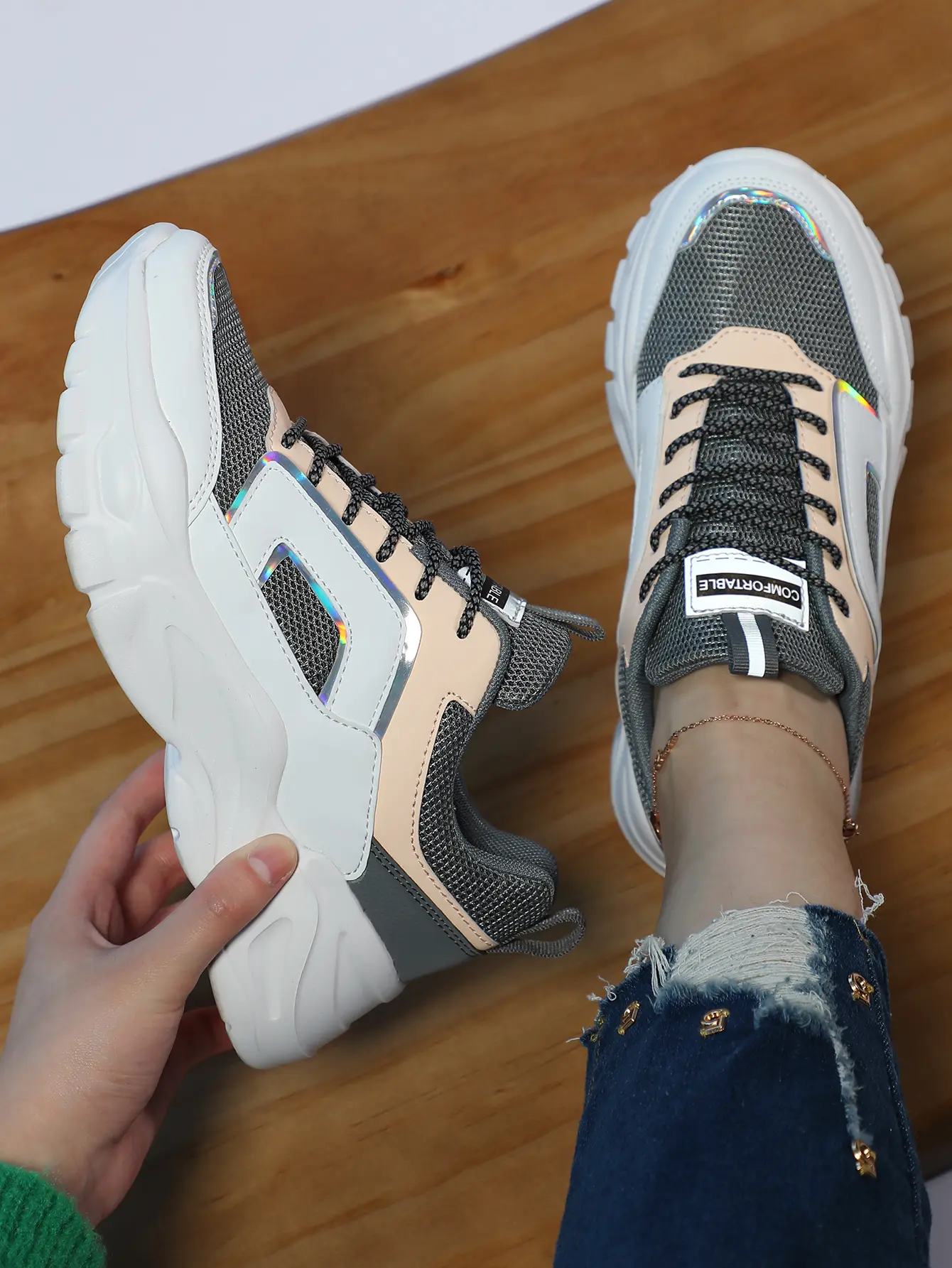 Women's Pink-Gray Color-Blocked Low-Top Dad Sneakers - PU Leather & Fabric Upper Thick-Soled Casual Trainers, Athletic Walking Sports Shoes for Training, All-Season Ankle-Cut Footwear for Fashionistas