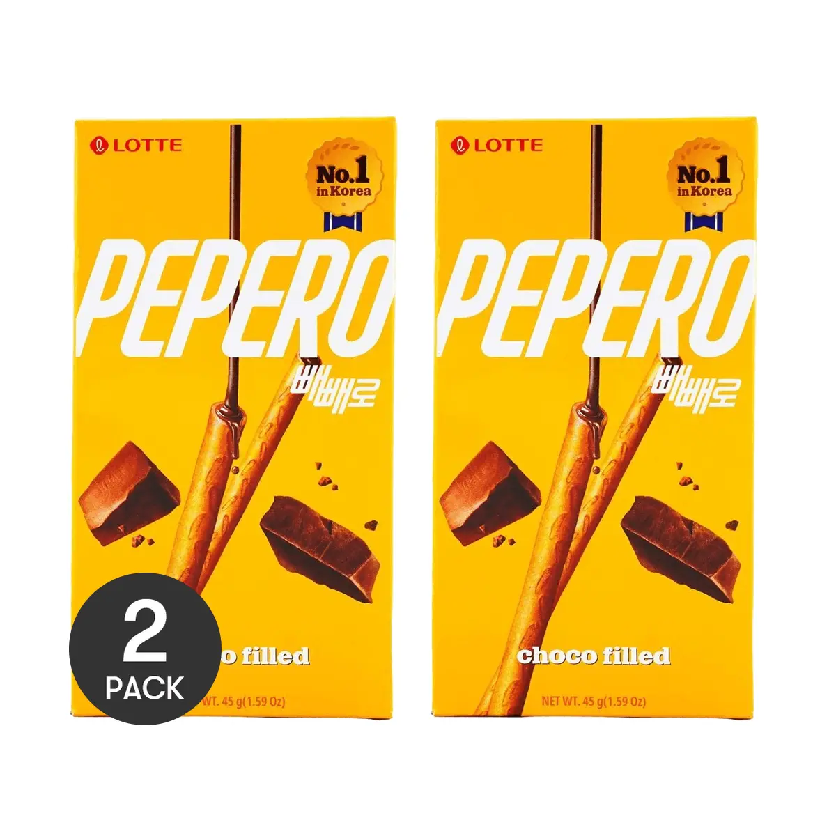 LOTTE Pepero Chocolate Cookie Sticks 2 Packs 45g Each Korean Snack