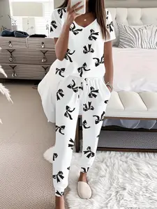 Butterfly Print Matching Casual Set, Short Sleeve V Neck Top and Tie Pants, Women's Pajama Set, Nightwear, Loungewear, All Seasons Home Wear