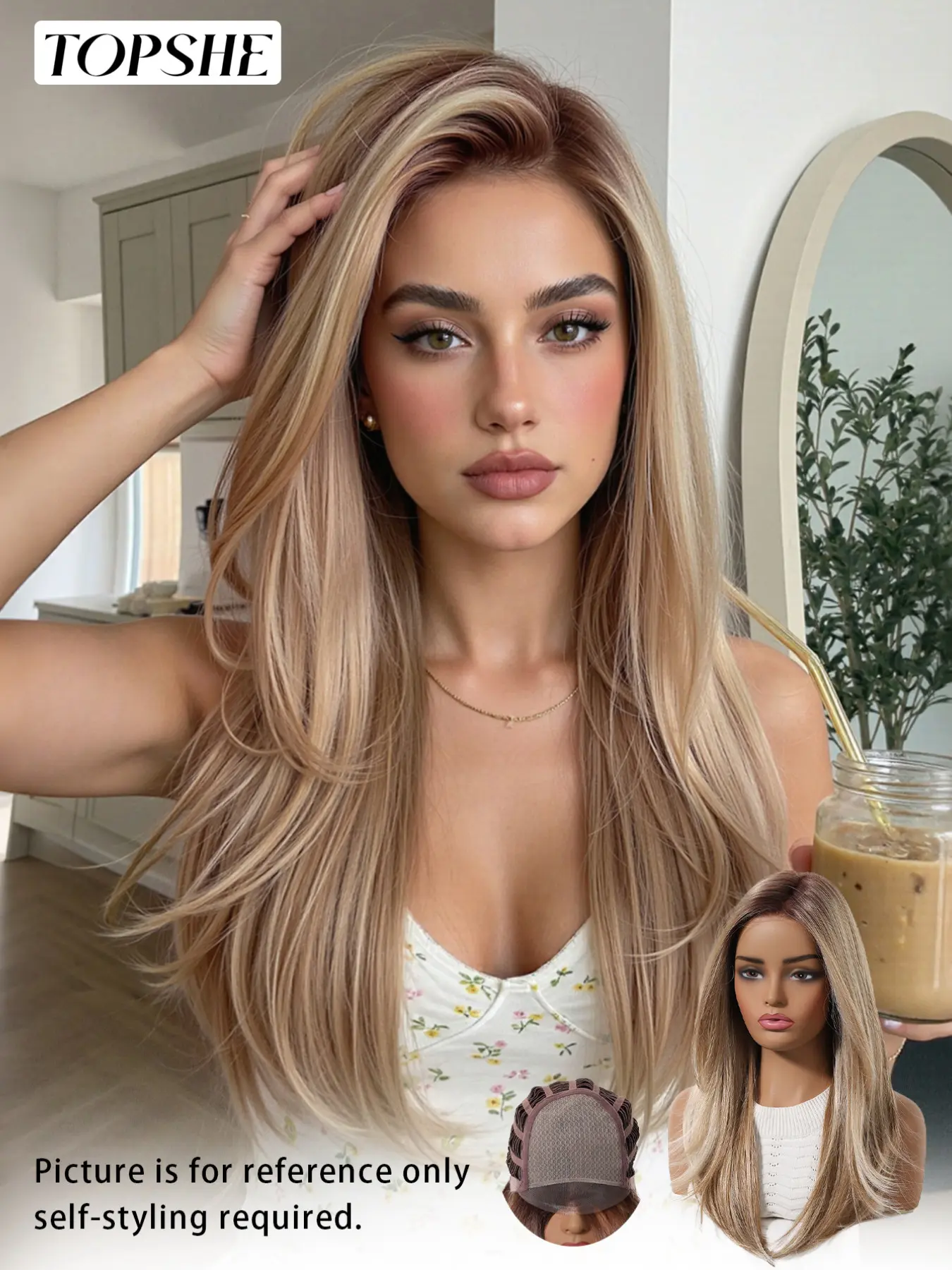 Topshe Mono Lace Front Wig, Synthetic Lace Wig, Gradual Gold, Natural Straight Hair, Natural Looking Wigs, Easy Care, Lightweight, Suitable for All Seasons