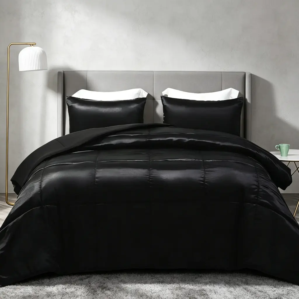 3PC Queen Size Silk Comforter Set/Bedding Set, Luxurious Satin Comforter with 2 Satin Pillowcases, Lightweight Duvet Set for All Seasons, Black