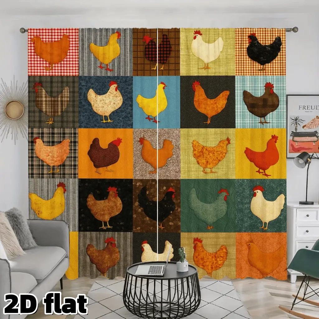 2D Flat 2Pcs Farmhouse Chicken Patchwork Curtain Panels Country Style Rooster Print Window Drapes Colorful Poultry Pattern Semi Sheer Polyester Fabric for Kitchen Dining Room Living Bedroom Decor Treatment