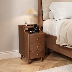 Mid Century Modern Solid Wood Narrow Nightstand - With Drawers, Open Shelf, Space-Saving Storage for Bedroom