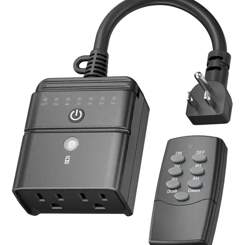 BN-LINK Outdoor Remote Control Power Outlet Timer - Dusk-to-Dawn Sensor, 2/4/6/8-Hour Countdown, 100 ft RF Range, 6-in Grounded Cord, 15A 1/2HP, ETL Listed - For Christmas Decorations, Pool Pumps, Garden Lights, Universal Socket Compatibility, Etl Listed