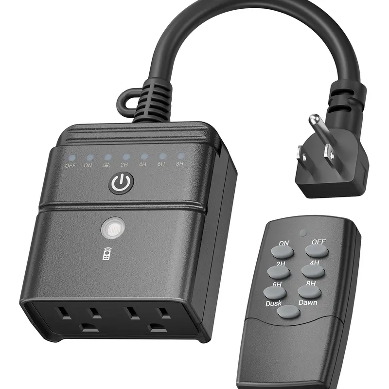 BN-LINK Outdoor Remote Control Power Outlet Timer - Dusk-to-Dawn Sensor, 2/4/6/8-Hour Countdown, 100 ft RF Range, 6-in Grounded Cord, 15A 1/2HP, ETL Listed - For Christmas Decorations, Pool Pumps, Garden Lights, Universal Socket Compatibility, Etl Listed